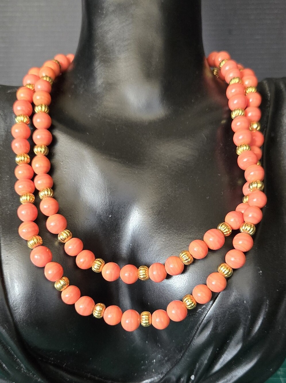Les Bernard Coral Bead Long Necklace with Gold Accents